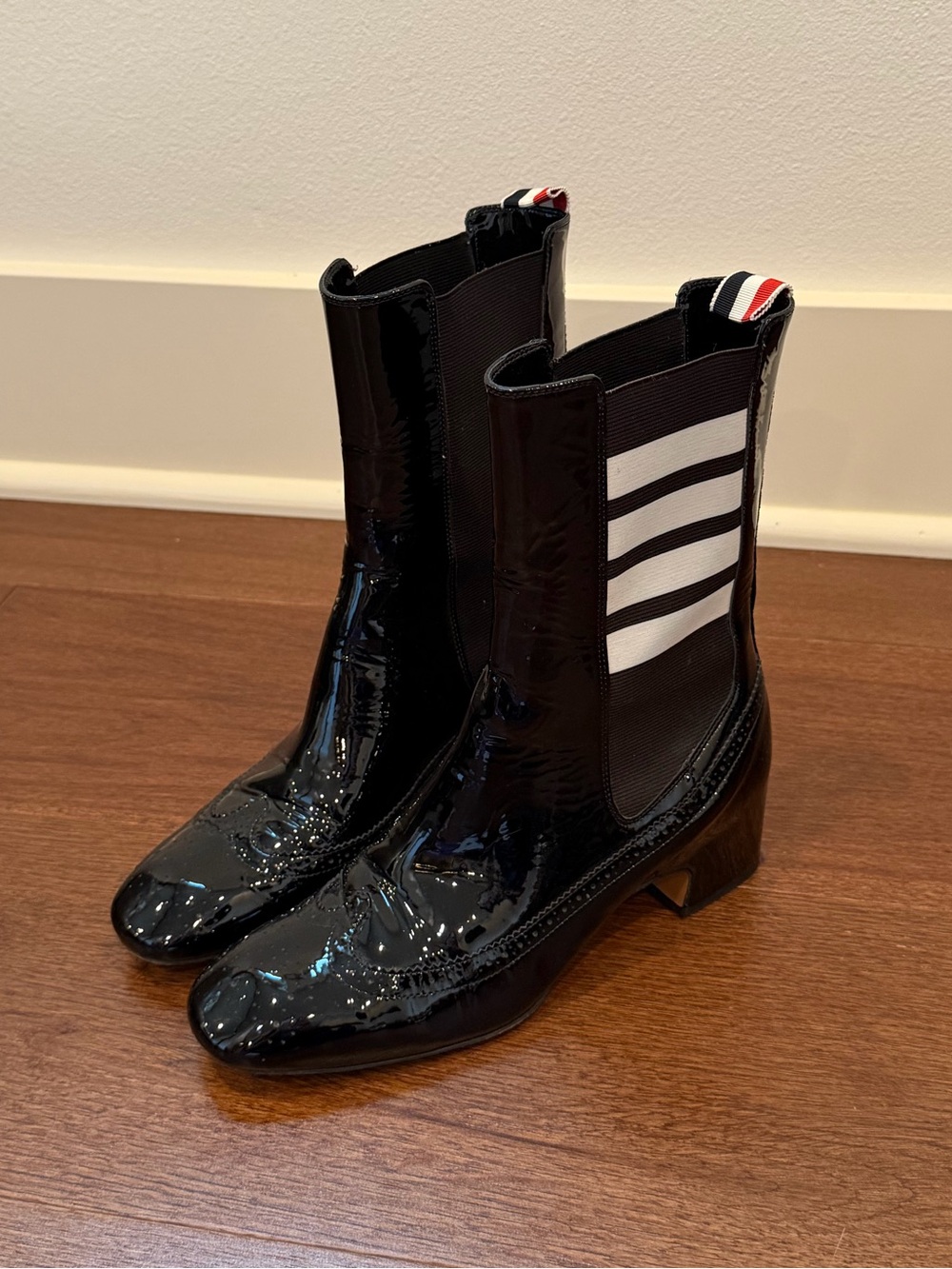 Thom Browne Black Calfskin Leather Heel with Tricolor Detail